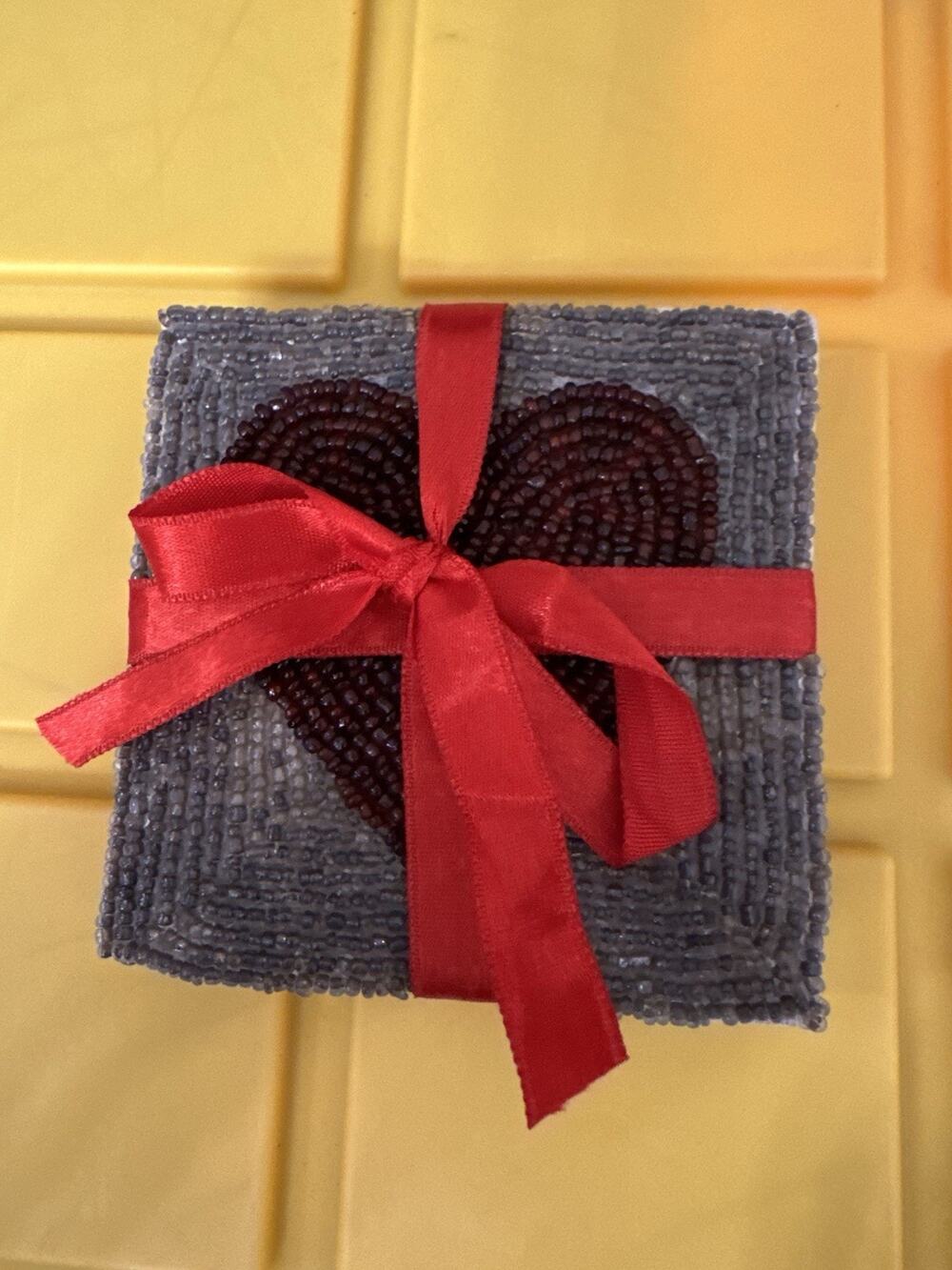Lot of 4 Coasters Beaded Heart Red Gray Cute Valentine's Square Girly